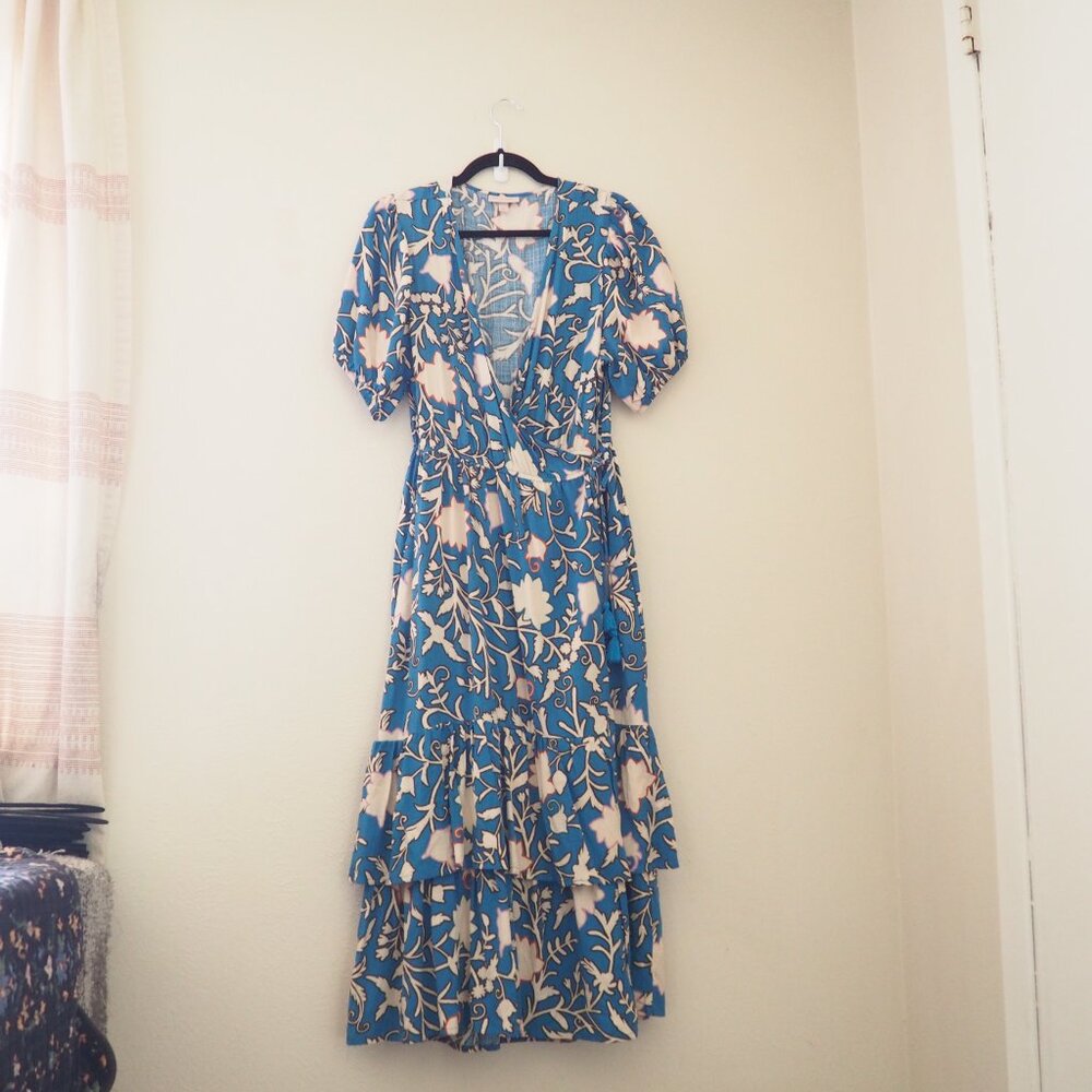 ! Knox Rose Blue Short Sleeve Floral Maxi Wrap Dress sz XL - Picture 2 of 7